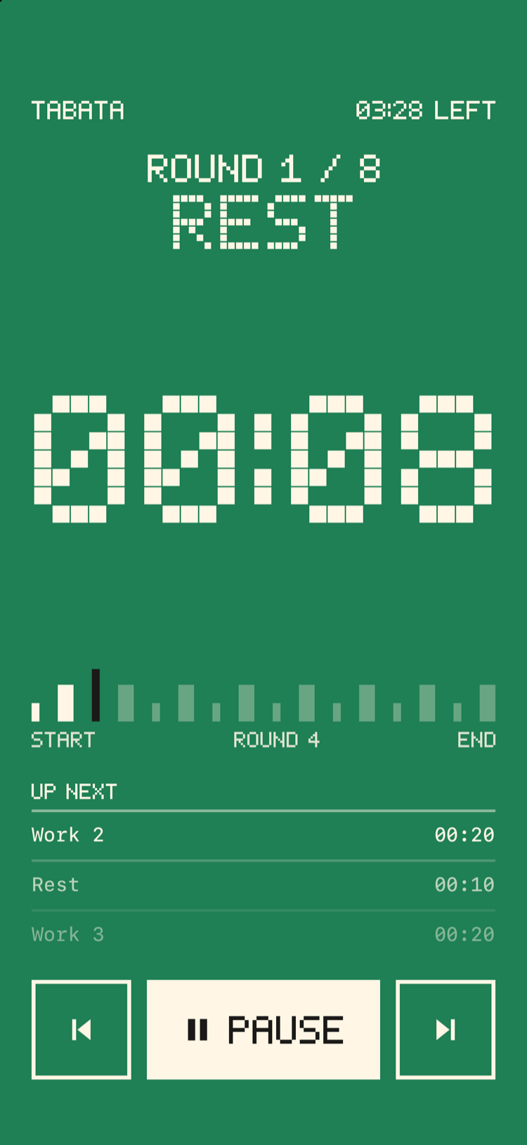 The run screen in green during a rest, showing what comes next.