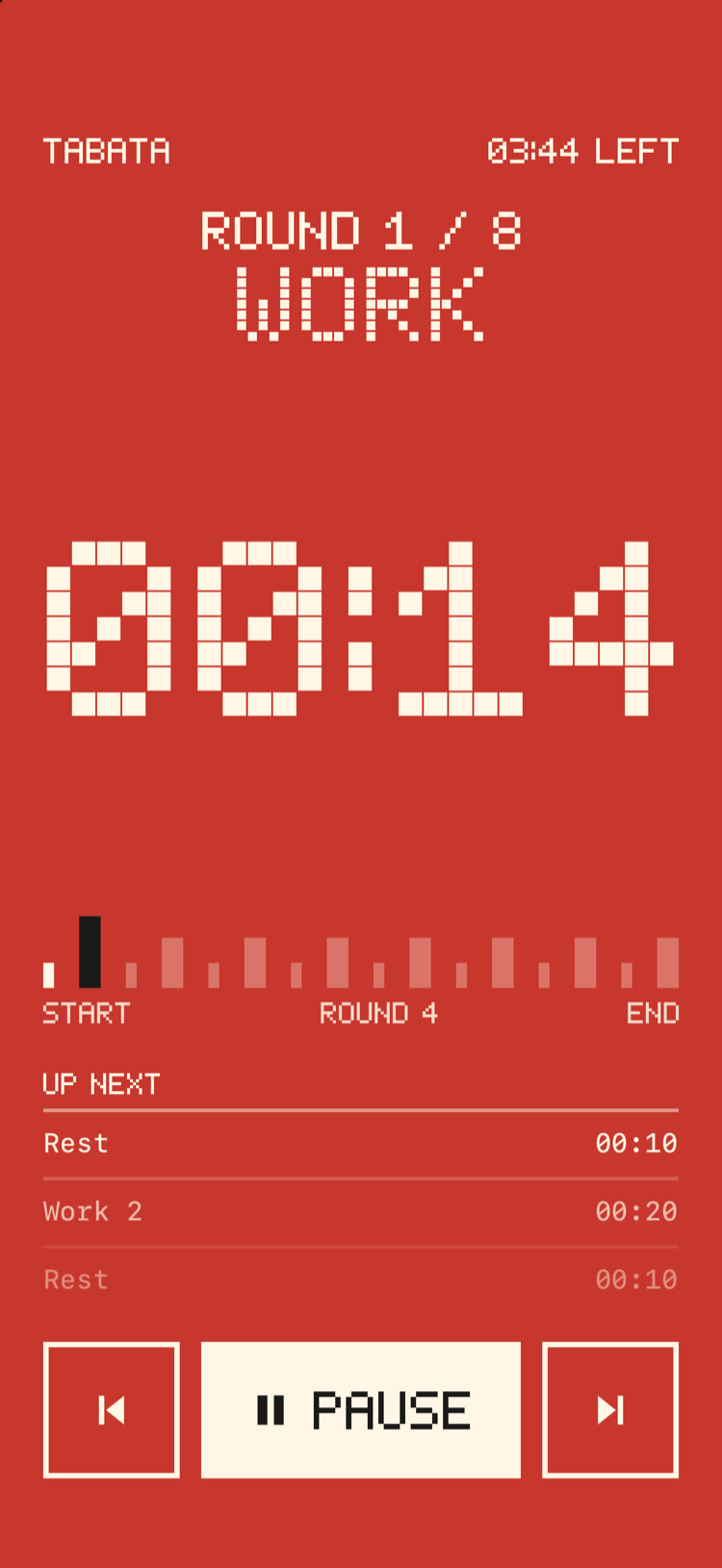 A Bitrounds run screen in red during a work round, with a huge pixel countdown.
